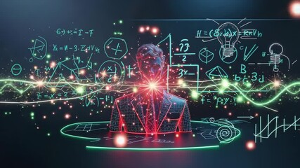 Appearing hologram bust in suit glowing in void, equations shifting with drifting sparks converging - Powered by Adobe