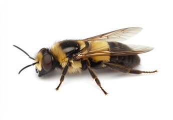 Close-up of a bee, side view, with wings spread