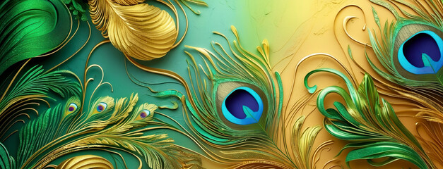 Abstract golden peacock feather background with copy space for text, Stunning abstract background with golden peacock feather patterns with copy space