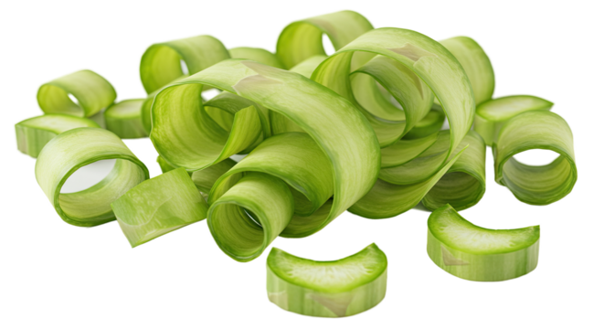 Close-up of fresh green vegetable ribbons artfully arranged against a dark background