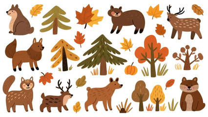autumn trees and animals vector set