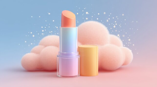 Pastel Lipstick Tube on Fluffy Pink Cloud Dreamy Background Magical Cosmetic Product