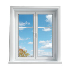 Fototapeta premium Bright White Window Frame with Cloudy Sky and Autumn Foliage View