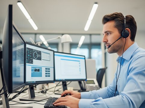 IT Helpdesk Technician Works in Dimly Lit Office Using Software Dashboard to Resolve Real-Time Technical Challenges