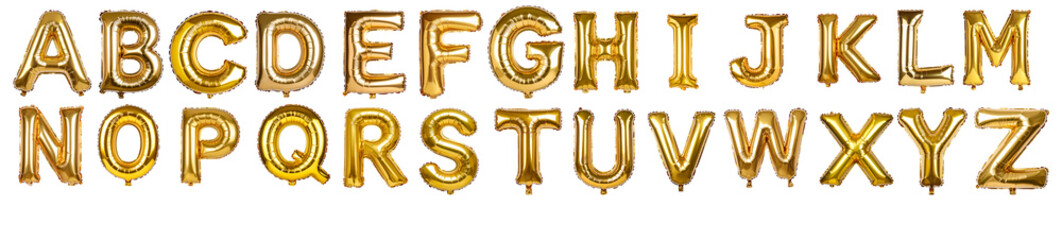 Alphabet balloons in champagne gold on a white background.