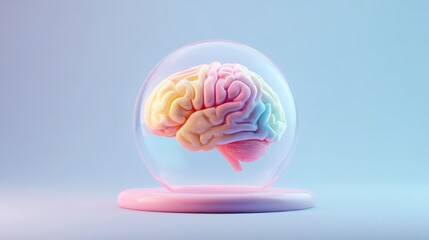 Pastel Human Brain Model Inside Glass Dome on Pink Base Medical Science Concept