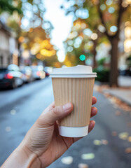 Hand holding kraft coffee cup at golden hour, blurred street.