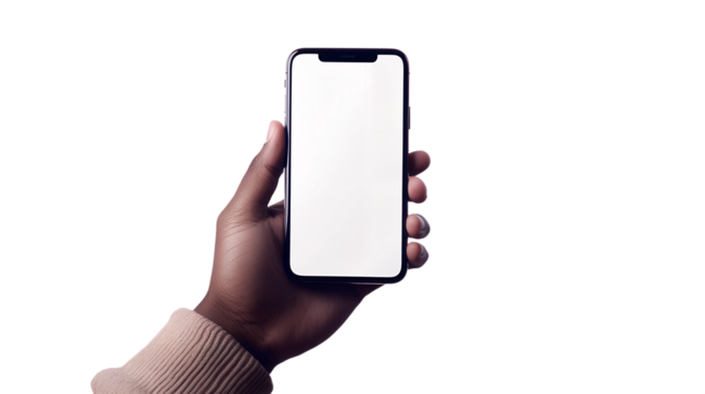 Person holding smartphone with blank screen; modern, minimalist style; dark background.