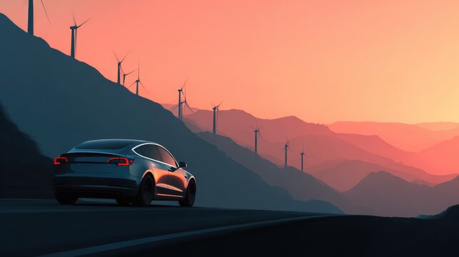 Electric Car Driving on Scenic Mountain Road at Sunset with Wind Turbines Clean Energy Sustainable Transportation