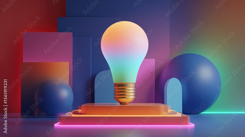 Poster vibrant gradient lightbulb on colorful geometric platform neon lights abstract background design