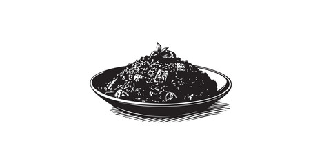 Delicious fried rice with shrimp and chili peppers in a black bowl silhouette