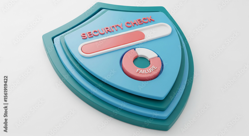Poster layered teal and blue shield graphic showing security check progress bar and failure indicator, symb
