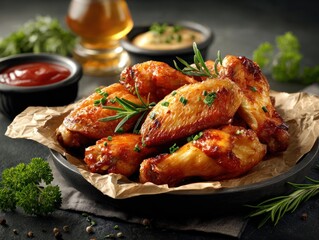 Delicious grilled chicken wings restaurant kitchen food photography cozy atmosphere close-up culinary delight