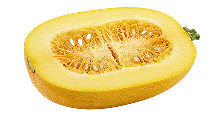 Close-up shot of a halved spaghetti squash, showcasing its vibrant yellow interior
