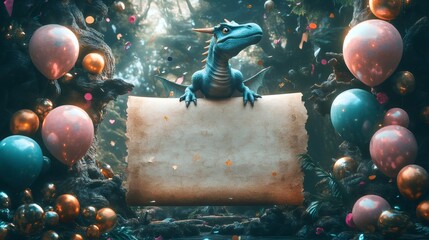 Baby dragon clutching blank parchment amid festive forest celebration, surrounded by colorful balloons and floating confetti, offering design space