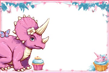 Pink triceratops dinosaur joyfully holding cupcakes, surrounded by colorful butterflies, perfect for kids' birthday celebrations