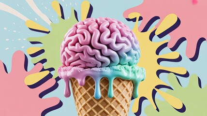 Ice cream cone with colorful brain-shaped scoop on abstract background - Concept of Uniqueness, unique, individuality, originality  