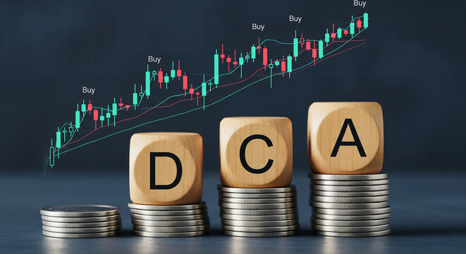 Wooden cubes spelling DCA on stacks of coins, against a background of a rising stock market graph symbolizing dollar cost averaging investment strategy