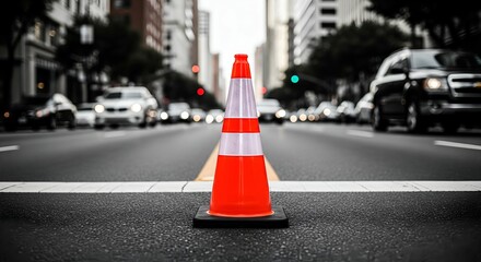 closeup shiny orange traffic cone barrier in the town street