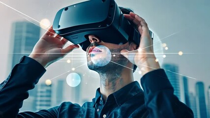 QA engineer using VR headset to test virtual environments with floating digital elements, copyspace available