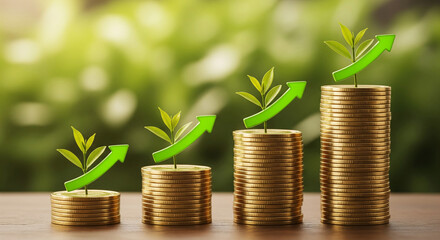 Growing plant sprouts on increasing stacks of gold coins against a blurred green background, symbolizing financial growth and investment success