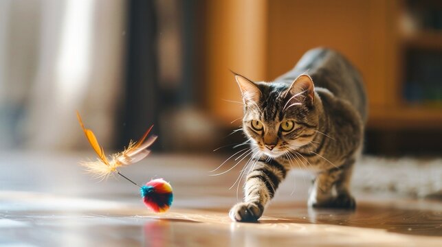 Playful cat pouncing on a colorful toy ball on a wooden floor in a cozy domestic indoor setting  The feline is exhibiting its natural hunting instincts and agility in a fun curious manner