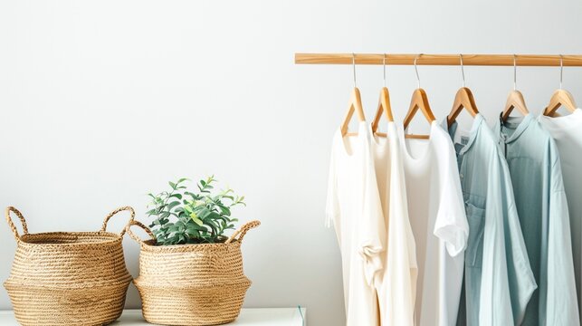 Minimalist fashion closet display with hanging garments and potted plants in bright clean studio space  Neutral color palette and natural materials create a serene