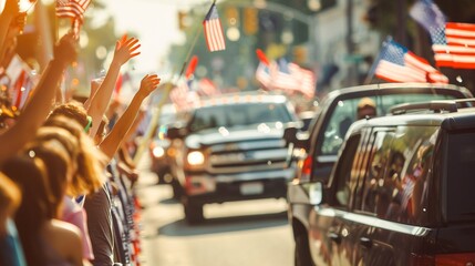 Obraz premium Enthusiastic crowd of people waving American flags and cheering passionately during a vibrant political or on the streets of a busy city The scene captures a powerful display of civic pride