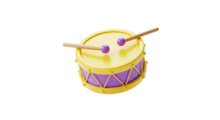 Yellow drum with drumsticks isolated on white background