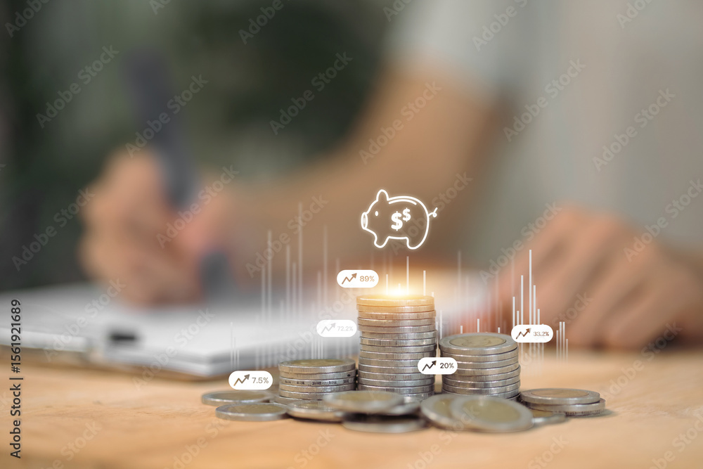 Aufkleber stacks of coins are displayed with digital data charts and a piggy bank icon, visualizing the growth