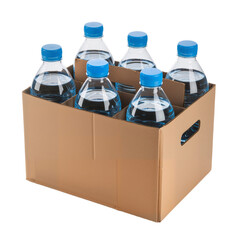 Cardboard Box with Six Water Bottles and Blue Caps Against White Background, Symbolizing...