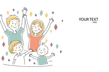Illustration of a happy family with arms raised and confetti on a white background with lettering