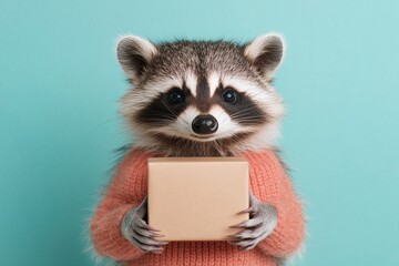 Raccoon in a cozy sweater holds a gift box against a pastel backdrop