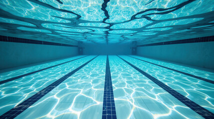 Obraz premium Crystal clear water reflects light in serene swimming pool, showcasing tranquil blue tones and rippling surface