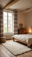 Cozy bedroom with wooden bed, soft bedding, and natural light streaming through large window. decor features warm color palette and rustic