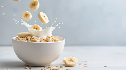 A white bowl filled with uncooked rolled oats. Sliced banana pieces falling into bowl , Splashes of white milk or liquid rise up from the bowl. 