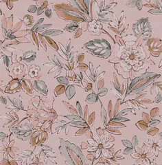 Beautiful Seamless Pattern with Flowers and Leaves