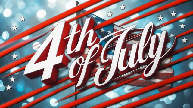 Animating 3D 4th of July text over waving flag, sweeping red bars and orbiting white stars