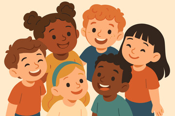 Diverse group of happy kids smiling together. Multicultural children friendship concept. Unity in diversity, inclusion, and community. Multiracial cartoon vector illustration.