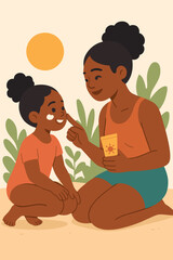 Caring Black mother applying sunscreen to her daughter's face. Family summer vacation on the beach. Sun protection, skincare, and UV safety concept. Motherhood and child care vector.