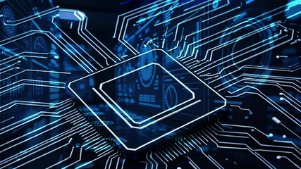 Glowing microprocessor chip tracing neon-blue paths on circuit board, for analysis with holograms - Powered by Adobe