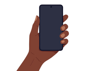 Black woman hand holding modern smartphone with blank screen. Isolated vector. African American person using mobile phone. Cellphone mockup template. Flat cartoon illustration.