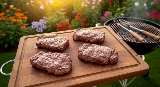 barbeque grilling party of beef steak meat outdoors in the garden	