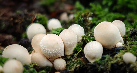 Cluster of young puffball mushrooms (Lycoperdon sp.) thriving on damp moss in the Bükk forest.