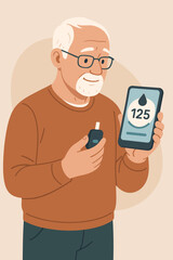Senior diabetic man checking blood sugar on a smartphone app connected to a glucometer. Digital health technology and diabetes management concept. Modern flat vector cartoon.