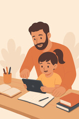 Caring father helping little daughter with homework on a digital tablet. Concept of e-learning, online education, homeschooling. Parent teaching child at home. Family study and support vector.