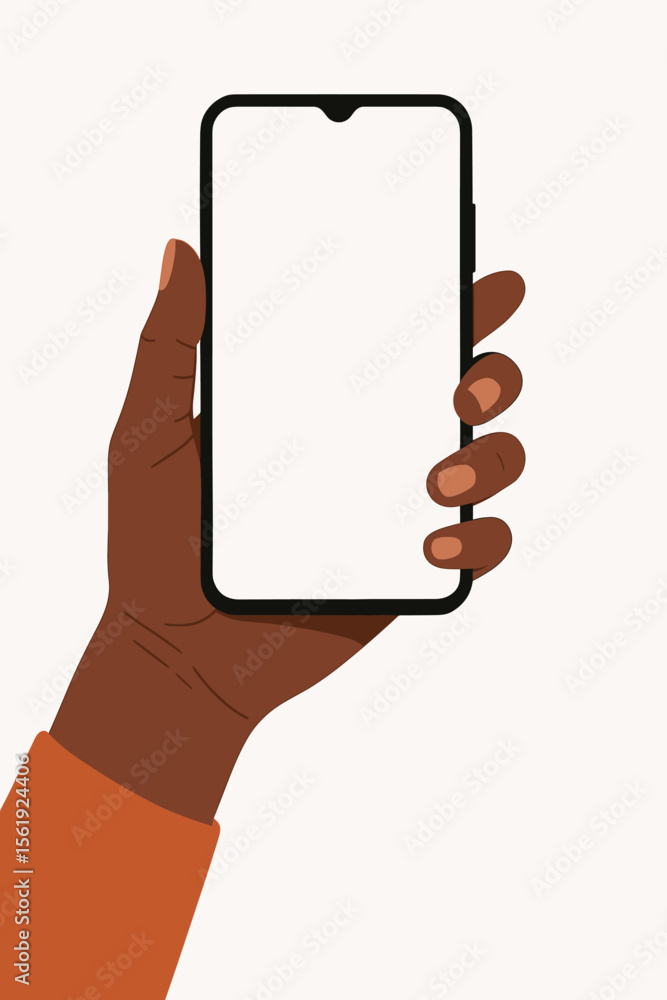Poster hand of a black person holding a modern smartphone with a blank white screen. cell phone display moc