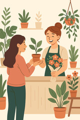 Happy woman buying a houseplant from a friendly florist in a flower and plant shop. Small local business owner providing service to a customer. Gardening hobby vector cartoon illustration.