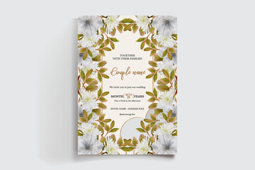 WEDDING INVITATION FRAME WITH FLOWER DECORATIONS AND FRESH LEAVES