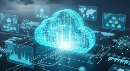 Cyan cloud-shaped digital network, glowing brightly, representing data storage, global connectivity, and technological innovation